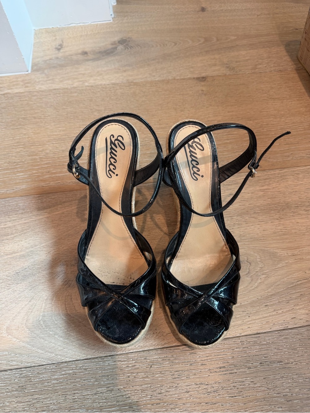 Gucci Black Patent Leather Crisscross Ankle-Strap Heels